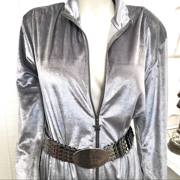 Shiny Silver Velvet Jumpsuit Retro Vintage Mod Rare - Picture 9 of 9